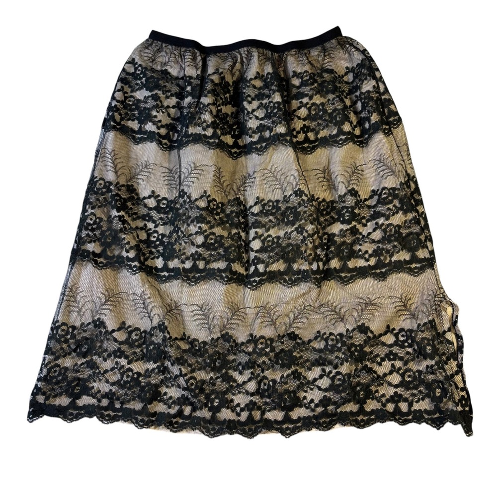 Vintage Pembrooke Black Floral Lace Tiered‎ Half Slip Skirt Medium Beige Lining